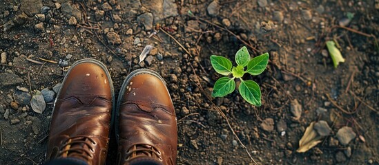 Wall Mural - young green sprout on the ground next to the footprint of a man's shoe, trample the shoots of a plant, the concept of environmental protection, nature, trees, plants, earth day,. Copy space image.