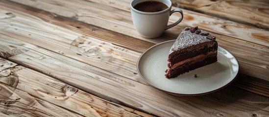 Wall Mural - Chocolate cake on a plate with a cup of hot drink placed on a table against a rustic wooden backdrop, including copy space image.