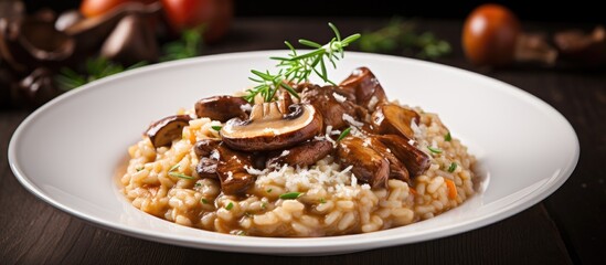 Wall Mural - Italian risotto featuring rice, mushrooms, and Parmesan, with copy space image.