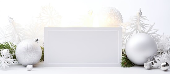 Poster - Christmas-themed arrangement with a blank card on a white backdrop, ideal for adding text or images in the empty space image. with copy space image. Place for adding text or design