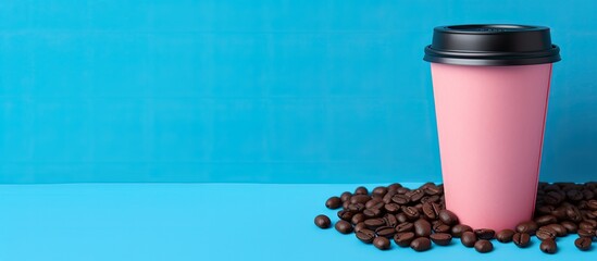 Aufkleber - Pink paper coffee cup with black plastic lid on blue backdrop with coffee beans, showing a take-away coffee cup in a flat lay composition with copy space image.