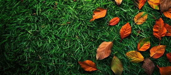 Wall Mural - Autumn leaves have fallen on fresh green grass in a top-view picture with available copy space image.