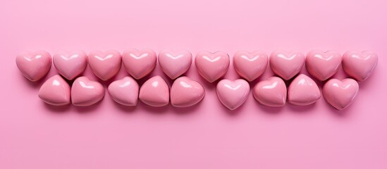 Aufkleber - Pink heart-shaped chocolate bonbons, hand-painted candies cut in half, arranged in a set with a macro shot on a pink background, ideal for a copy space image.