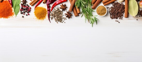 Leinwandbilder - A variety of Indian herbs and spices like basil, pepper, and saffron beautifully displayed on a white wooden table in a top-view shot, with plenty of free copy space image.