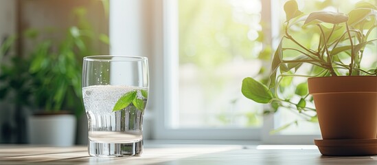 Poster - A thirsty person filled a glass with pure tap water in the kitchen, emphasizing the cleanliness and purity of natural water with a copy space image.