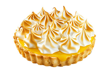 Close-up of a lemon meringue pie featuring a golden crust, zesty lemon filling isolated on white transparent background.