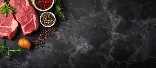 Top-down view of fresh, organic beef or lamb on a dark surface like slate or concrete, providing ample space for additional text or images.