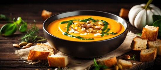 Aufkleber - Pumpkin soup garnished with seeds, spices, herbs, and croutons on a rustic backdrop with ample copy space image.