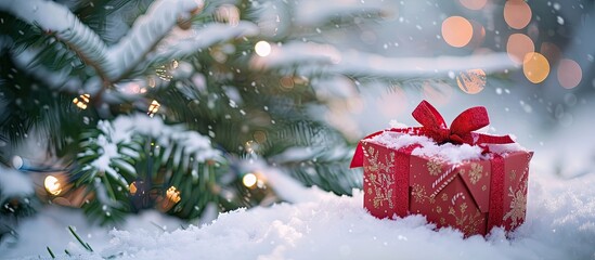 Poster - Xmas greeting card featuring a Christmas gift box next to a snow-covered fir tree, ideal for including a message with copy space image.