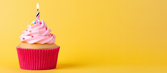 Aufkleber - A single festive cupcake in a paper cup with a yellow candle for a birthday surprise, set against a pink background for a greeting card with ample copy space image.