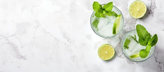 Poster - Top view of two highball glasses with a traditional Mojito cocktail served in a bar. The drink features rum, spearmint, lime juice, soda water, and ice, placed on a white concrete table with ample