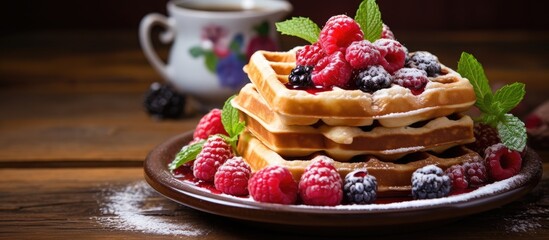 Aufkleber - Waffles topped with berries, powdered sugar, and jam served with tea on a wooden table with copy space image.
