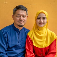 photo of an malaysia male and female couple wearing blue, yellow and red clothes with a single color background - generative ai