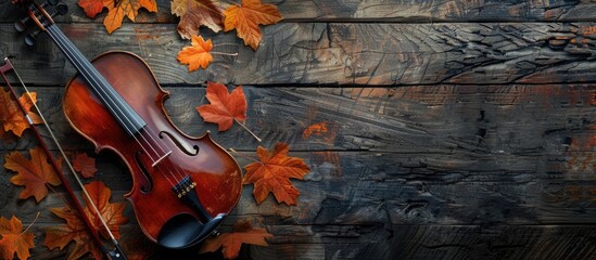Poster - Top-down view of antique violin and fall leaves on rustic wooden table with space for text or image. with copy space image. Place for adding text or design