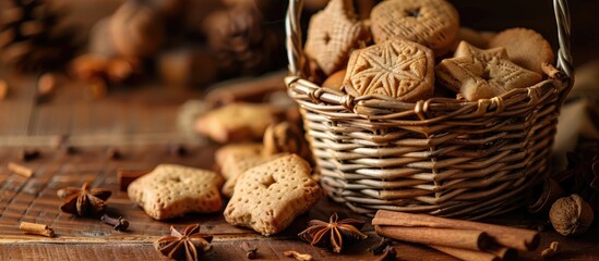 Aufkleber - Basket containing ginger cookies, walnuts, and cinnamon on a brown table with selective focus on the objects in a copy space image.