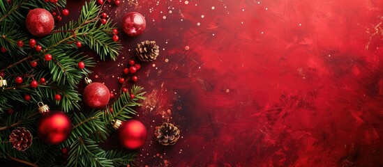 Poster - Festive New Year card with a Christmas tree, ornaments, and a place for text on a Christmas-themed background with copy space image.