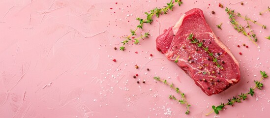 Poster - Raw beef with thyme  ready for cooking pastel background. with copy space image. Place for adding text or design