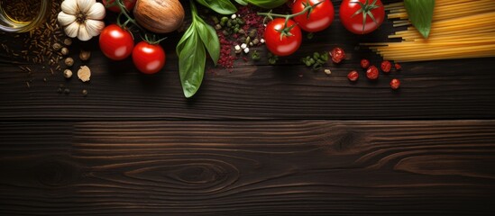 Poster - On a dark wooden surface, a variety of ingredients for vegetable pasta, including spaghetti, peppers, tomatoes, basil, rosemary, parmesan cheese, olive oil, garlic, onion, sea salt, and spices, are