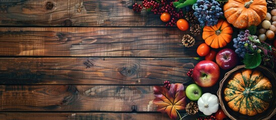 Leinwandbilder - Thanksgiving day: Bountiful harvest displayed on rustic wooden table provides a picturesque copy space image for festive celebrations.