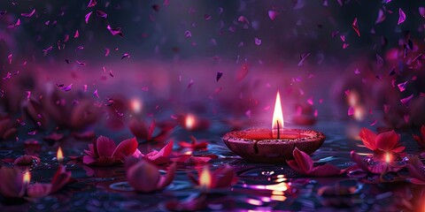 Wall Mural - Diwali Festival of Lights celebration background. Beautiful oil lamp glowing on water with red rose petals, bokeh, and falling flower petals in magical night. 