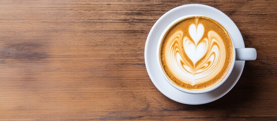 Fototapete - Top view image of a hot latte with latte art in a white cup on a wooden table, featuring copy space for text.