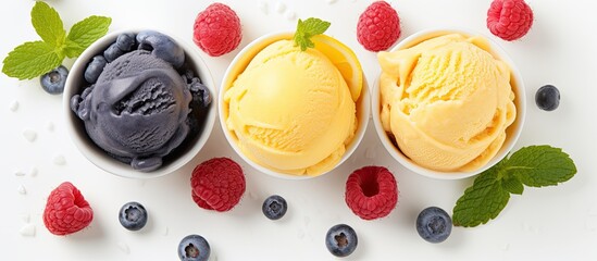 Aufkleber - A trio of fruity ice creams and berries against a white backdrop with copy space image, including lemon, mango, and blueberries - a nutritious frozen treat for summer.