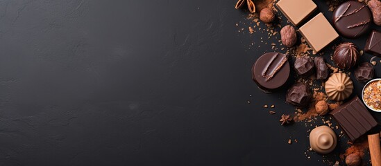 Poster - Various types of chocolate displayed in a flat lay arrangement on a gray background, providing ample space for text in the image.