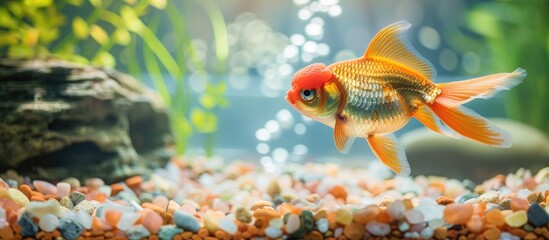 Aquarium with a goldfish swimming in clear freshwater, with copy space image.