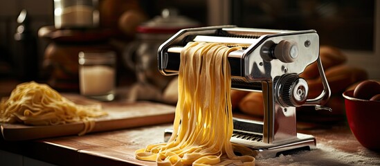 Wall Mural - Preparing Italian tagliatelle pasta with a traditional machine, emphasizing selective focus on the process, with a blank space for additional content.