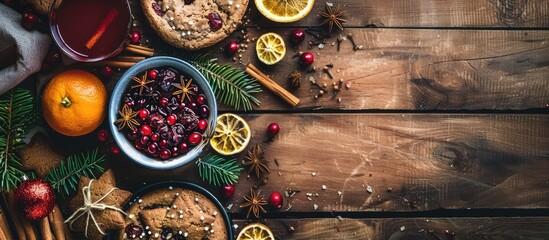 Christmas baking essentials like gingerbread, fruitcake, and festive drinks are artfully arranged with cranberries, dried oranges, and aromatic spices on a wooden table, perfect for a top view shot