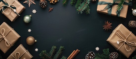 Aufkleber - Dark background featuring Christmas decorations alongside a blank card, suitable for adding text or other elements, with available copy space image.