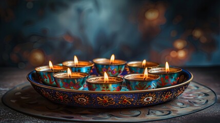 Wall Mural - Diwali Festival of Lights. Traditional Diwali oil lamps lit in ornate brass plate. Celebrating Indian culture and spirituality