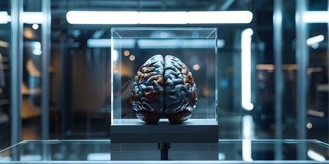 Wall Mural - Exhibit of a futuristic digital brain model featured in a glass enclosure for neuroscience presentation. Concept Science, Technology, Neuroscience, Futuristic Design, Digital Model