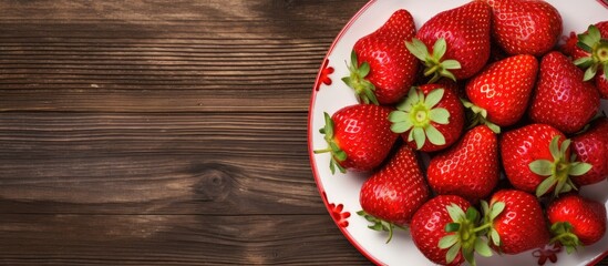 Wall Mural - Freshly harvested strawberries arranged on a rustic wooden backdrop in a white metal plate with a red strawberry - providing a top view with a copy space image.