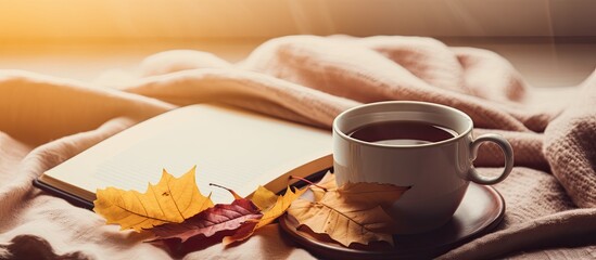 Aufkleber - A cozy autumn home setting with yellow and burgundy blankets, a cup of coffee, colorful leaves, and a notebook featuring copy space image, ideal for a feminine blog or social media post.