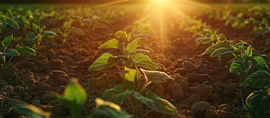 Leinwandbilder - Rows of soy seedlings field. Young Soy Plants. Soy field with sunset sun. Agrarian business. Agricultural scene. Copy space image. Place for adding text or design