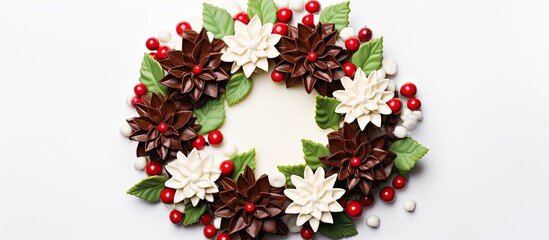 Aufkleber - Top view of a festive chocolate cake adorned with butter flowers and leaves in red, white, and green hues, perfect for Christmas and New Year's, captured in a close-up image on a white background