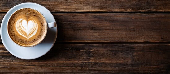 Aufkleber - Cappuccino with latte art on wooden background, perfect for a copy space image.