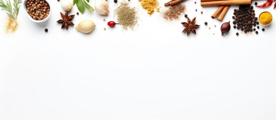 Fototapete - Top-down view of ingredients on a white backdrop, with copy space image.