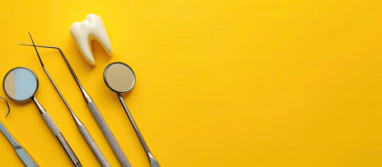 Wall Mural - top view of dental tools on a yellow background, conveying the concept of teeth care and dental heal