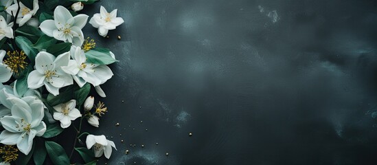 Aufkleber - Flat lay composition featuring flowers on a green and grey backdrop with space for text or images. with copy space image. Place for adding text or design