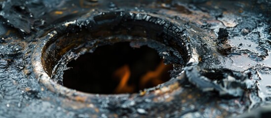 Aufkleber - Selective focus on a charred hole in a plastic trash can or bin with a background for adding text or elements, ensuring a copy space image.