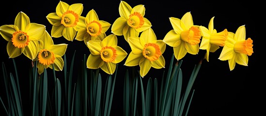 Leinwandbilder - Vibrant yellow daffodils against a black backdrop, allowing for copy space image.