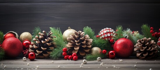 Wall Mural - Festive holiday arrangement with decorations, cones, and baubles, ideal for adding your text to the copy space image.