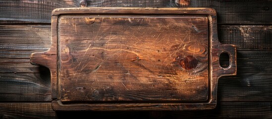 Wall Mural - Top-down view of an aged cutting board on a rustic dark wood surface with room for text or graphics in the shot, commonly known as a copy space image.