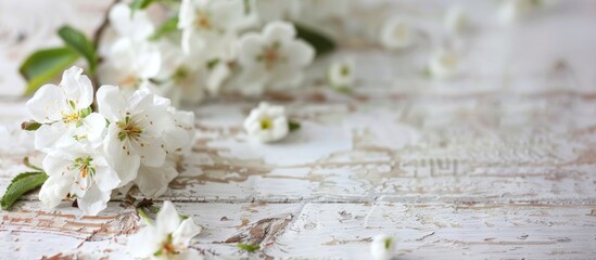 Poster - Soft white wooden board with delicate white flowers, small green leaves, and a blurred background in a macro shot, allowing for copy space image.
