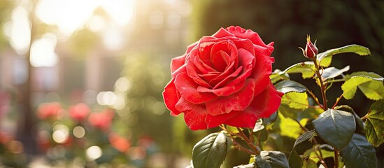 Aufkleber - A beautiful red rose blooming on a tree in the garden with copy space image.