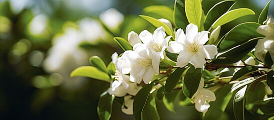 Leinwandbilder - Outdoors, a close-up of a stunning white jasmine shrub with copy space image available.