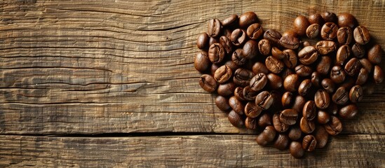 Leinwandbilder - Coffee beans roasted and arranged in a heart shape on a wooden surface with a copy space image.
