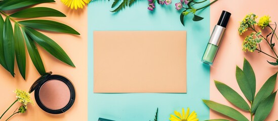 Aufkleber - A composition featuring a blank card, makeup products, and flowers on a colorful backdrop with copy space image.
